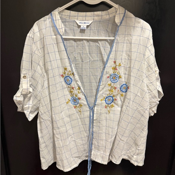 April Cornell Cardigan Medium White Blue Floral Embroidered Tie Front Cottage - Picture 2 of 6